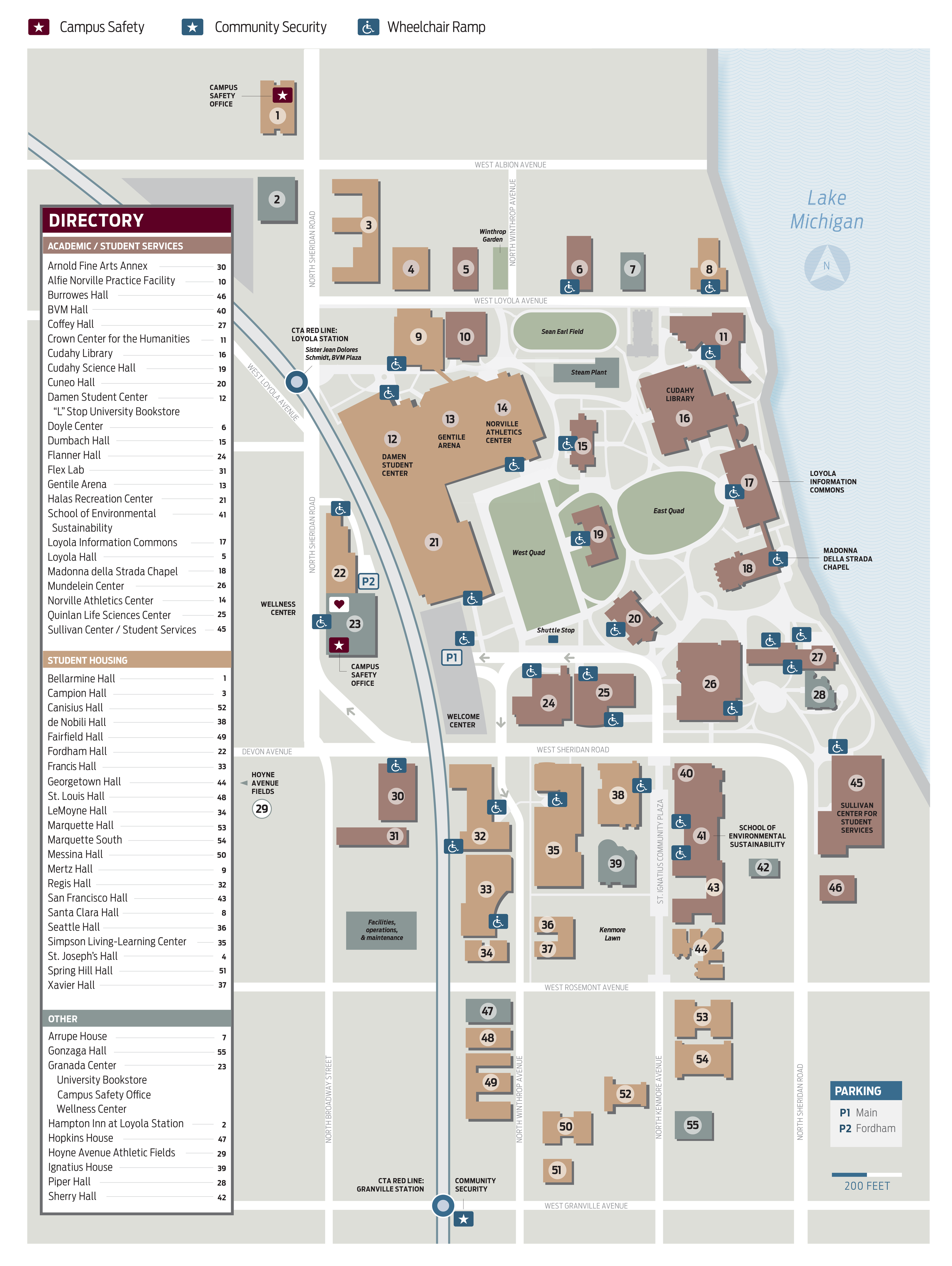 Loyola University Chicago Lake Shore campus map with key of building locations